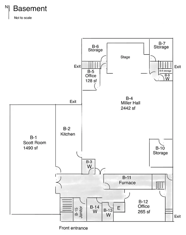 Floor plan of the Basement at Highlands United Church, with room names and sizes