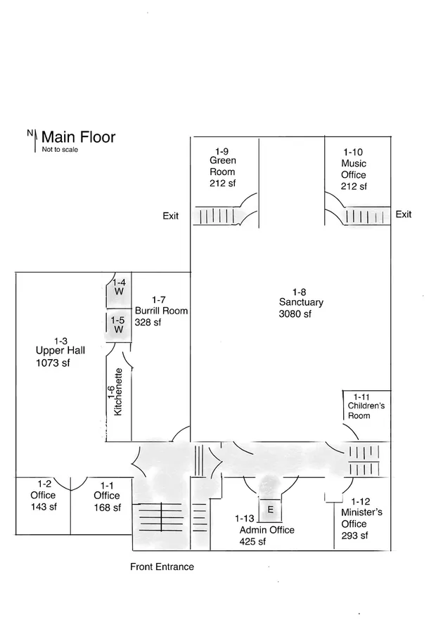 Floor plan of the Main floor at Highlands United Church, with room names and sizes