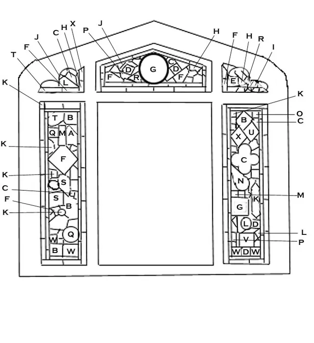 Labelled diagram of the Memorial Window identifying the origin of each piece of stained glass by letter